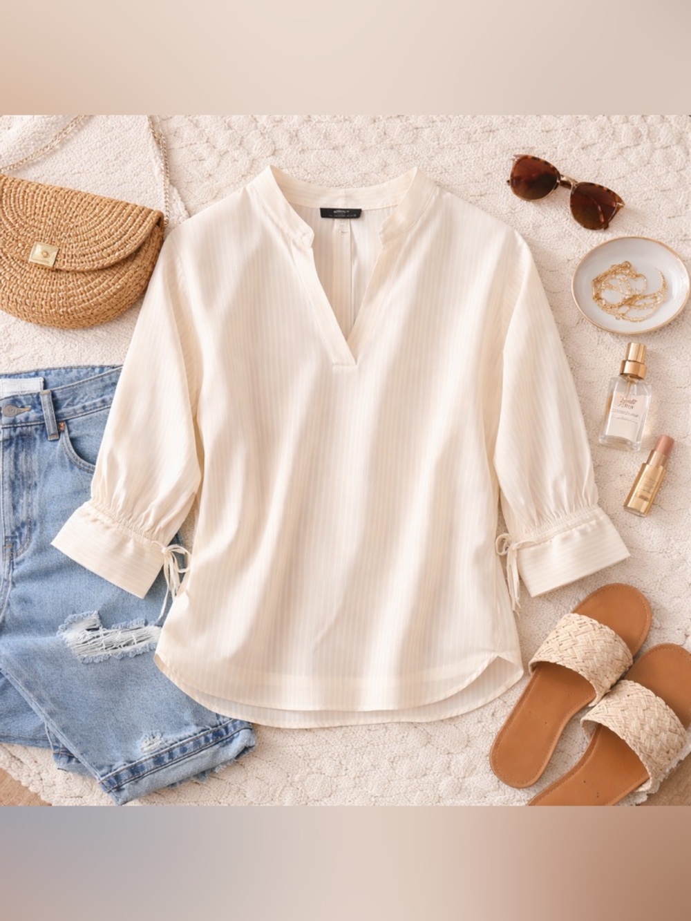 Zac & Rachel Light Cream Striped Blouse Petite Small NWT